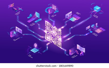 QR code scan isometric infographics with phone making payment, smartphone log in to account, generates url of website, online pay concept, 3d vector illustration of mobile application