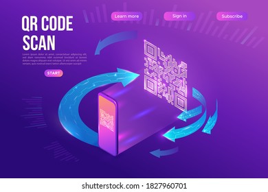 QR code scan isometric infographics with phone reading tag, smartphone scanning label, online pay concept, 3d vector illustration of mobile application