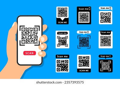 QR code scan me with smartphone. QR code scan icon set. Qr code frame for payment, mobile app and identification. Scan me icon. Vector illustration.