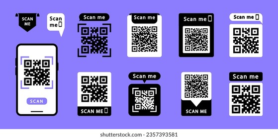 QR code scan me with smartphone. QR code scan icon set. Qr code frame for payment, mobile app and identification. Scan me icon. Vector illustration.