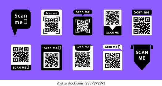 QR code scan me with smartphone. QR code scan icon set. Qr code frame for payment, mobile app and identification. Scan me icon. Vector illustration.