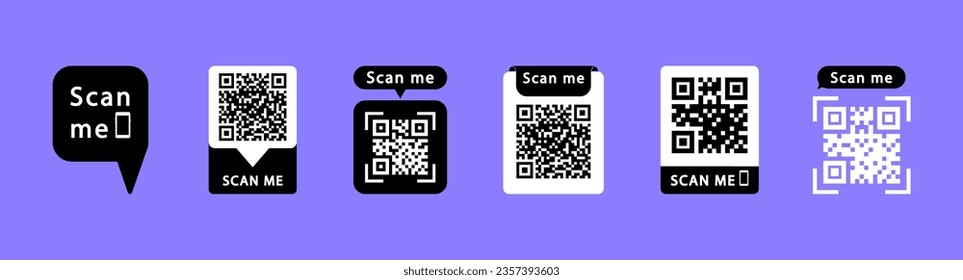 QR code scan me with smartphone. QR code scan icon set. Qr code frame for payment, mobile app and identification. Scan me icon. Vector illustration.