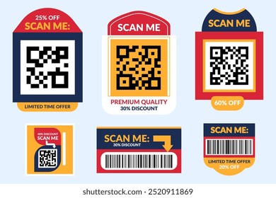 QR code scan me sticker set for smartphone scanning. Collection of modern colourful Scan me QR code labels