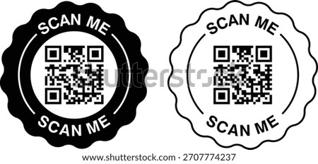QR code "Scan Me" sticker badge vector set in black and white with solid and outline versions