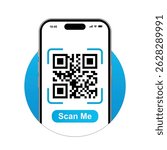 Qr Code SCAN ME template with a smartphone for application screenshot presentation. Vector illustration.