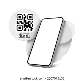 Qr Code SCAN ME template with a smartphone for application screenshot presentation with transparent frozen glass circles. Glassmorphism style