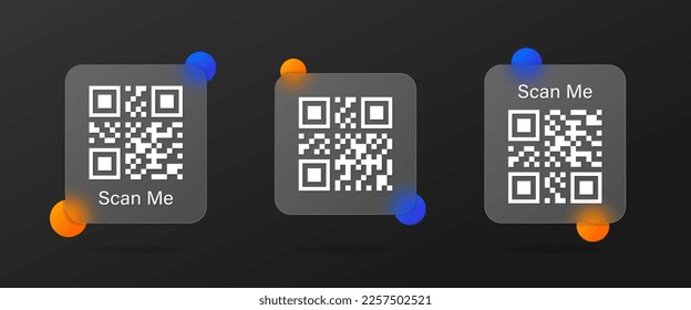 Qr Code Scan me template in glassmorphism style. Qr code technology scanning in gradient blurred glass style. Vector EPS 10