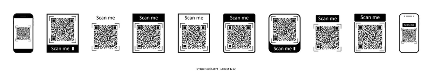 QR code for scan with mobile. Icons of barcode for phone scanner. Digital bar of logo with scan to me. Black qrcode for pay on white background. Coupon for discount. Symbol of marketing. Vector.