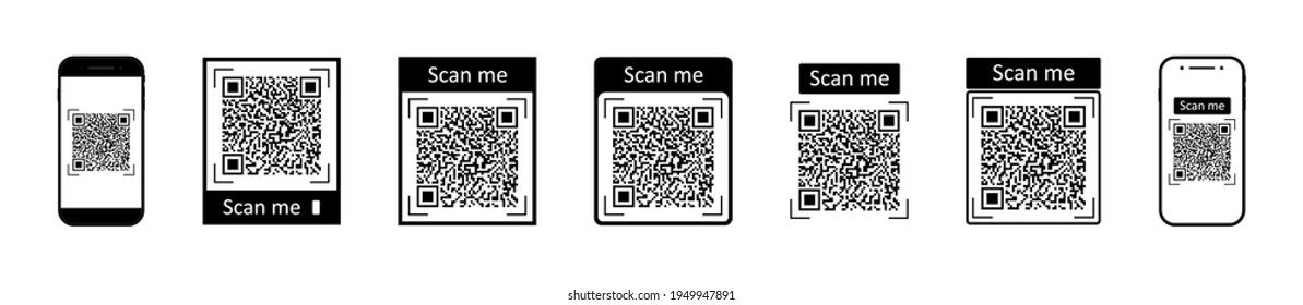 QR code for scan with mobile. Icons of barcode for phone scanner. Digital bar of logo with scan to me. Black qrcode for pay on white background. Coupon for discount. Symbol of marketing. Vector.