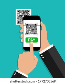 QR code scan from mobile. Payment from phone. Smartphone with scanner and reader barcode. Receipt for smart pay. App for capture qrcodes. Telephone in hand with transaction in screen. Vector.