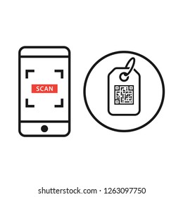 QR code scan on mobile for price check of products. Simple line icon. Isolate on white background.