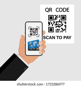 QR code. Scan to pay, online shopping , cashless technology concept. Scanning barcode with telephone. Vector illustration