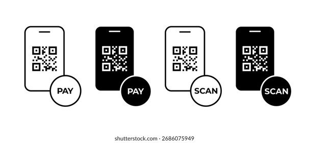 QR Code Scan and Pay Smartphone Icon Set. Mobile payment technology and finance transaction symbols