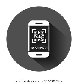 Qr code scan phone icon in flat style. Scanner in smartphone vector illustration on black round background with long shadow. Barcode business concept.