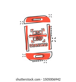 Qr code scan phone icon in comic style. Scanner in smartphone vector cartoon illustration on white isolated background. Barcode business concept splash effect.