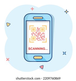 Qr code scan phone icon in comic style. Scanner in smartphone vector cartoon illustration on white isolated background. Barcode business concept splash effect.