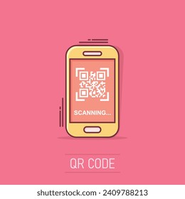 Qr code scan phone icon in comic style. Scanner in smartphone vector cartoon illustration on white isolated background. Barcode business concept splash effect.