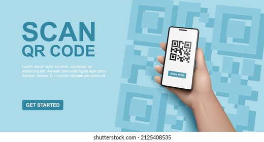 QR code scan service banner. Verification concept. 3d hand with smartphone scans QR code. Template design for website, landing page, ui, social media. Vector illustration