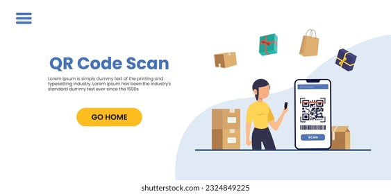QR code scan service banner. Verification concept. 3d hand with smartphone scans QR code. Template design for website, landing page, social media. Vector illustration	
