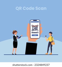 Banner del servicio de análisis de código QR. Concepto de verificación. 3d mano con escaneos de smartphone código QR. Diseño de plantillas para sitio web, página de inicio, medios sociales. Ilustración del vector	