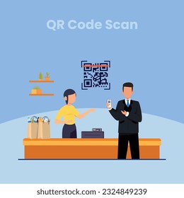 Banner del servicio de análisis de código QR. Concepto de verificación. 3d mano con escaneos de smartphone código QR. Diseño de plantillas para sitio web, página de inicio, medios sociales. Ilustración del vector	