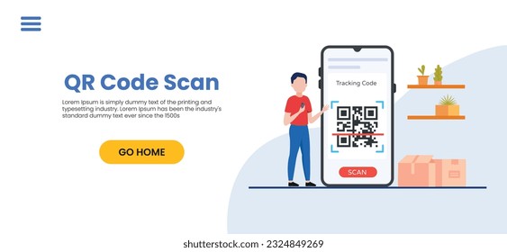 QR code scan service banner. Verification concept. 3d hand with smartphone scans QR code. Template design for website, landing page, social media. Vector illustration	