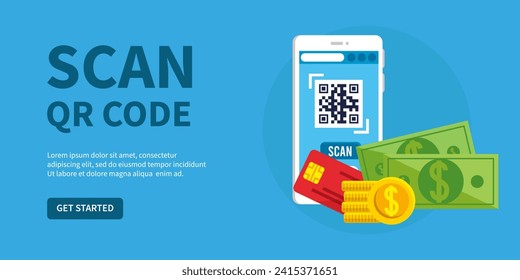 QR code scan service banner. Verification concept. hand with smartphone scans QR code. Template design for website, landing page, ui, social media. Vector illustration