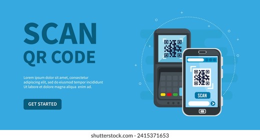 QR code scan service banner. Verification concept. hand with smartphone scans QR code. Template design for website, landing page, ui, social media. Vector illustration