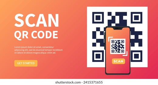 Banner del servicio de análisis de código QR. Concepto de verificación. mano con escaneos de smartphone código QR. Diseño de plantillas para sitio web, página de inicio, ui, medios sociales. Ilustración del vector