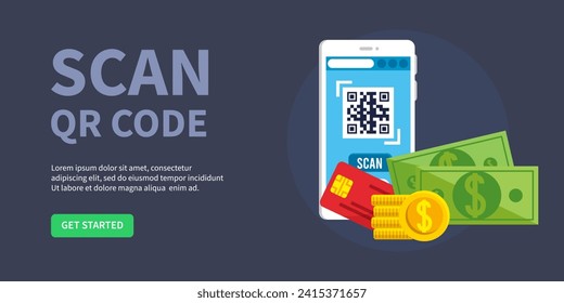 QR code scan service banner. Verification concept. hand with smartphone scans QR code. Template design for website, landing page, ui, social media. Vector illustration