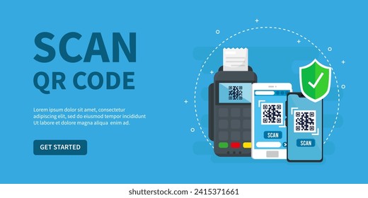 QR code scan service banner. Verification concept. hand with smartphone scans QR code. Template design for website, landing page, ui, social media. Vector illustration