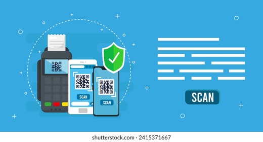 QR-Code-Scan-Service-Banner. Verifizierungskonzept. Hand mit Smartphone Scans QR-Code. Template Design für Website, Landing Page, ui, Social Media. Vektorgrafik