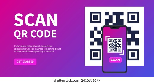 QR code scan service banner. Verification concept. hand with smartphone scans QR code. Template design for website, landing page, ui, social media. Vector illustration