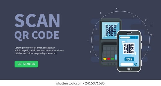 QR code scan service banner. Verification concept. hand with smartphone scans QR code. Template design for website, landing page, ui, social media. Vector illustration