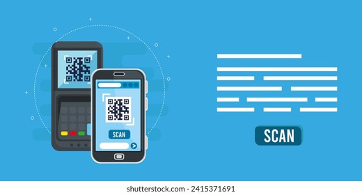 QR code scan service banner. Verification concept. hand with smartphone scans QR code. Template design for website, landing page, ui, social media. Vector illustration
