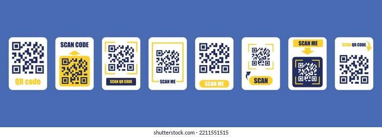 QR code scan for smartphone. Qr code frame vector set. Electronic digital technology. Vector illustration, flat style