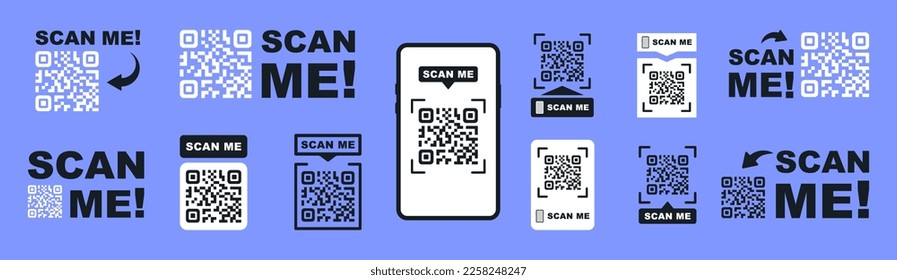 QR code scan for smartphone. Qr code frame vector set. Template scan me Qr code for smartphone. QR code for mobile app, payment and phone. Scan me phone tag. Vector illustration.