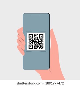 QR code scan with smartphone in a hand. Mobile phone scanner app for payment concept. Vector illustration.