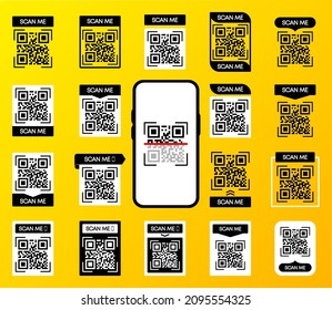 QR code scan for smartphone. QR code for mobile app and payment. Qr code frame vector template set. Vector illustration.