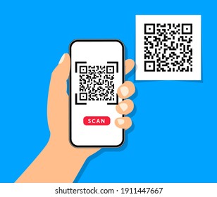 QR Code Scan To Smartphone. Qr Code For Payment. Mobile Phone Scanning QR-code. Verification. Vector Illustration.