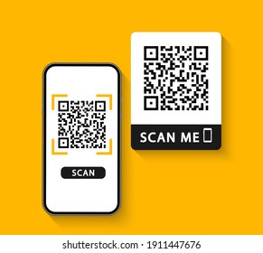 QR code scan to smartphone. Qr code for payment. Mobile phone scanning QR-code. Inscription scan me. Verification. Vector illustration.