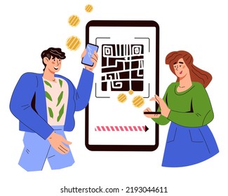 QR code scan technology for online payment and transaction concept, flat cartoon vector illustration isolated on white background. People using QR scanner application.