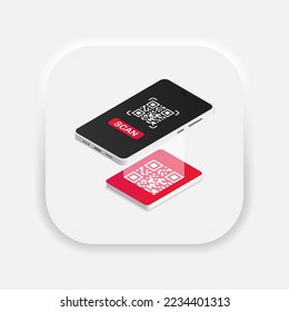 QR code scan verification service with smartphone in isometric neumorphism style. Vector EPS 10