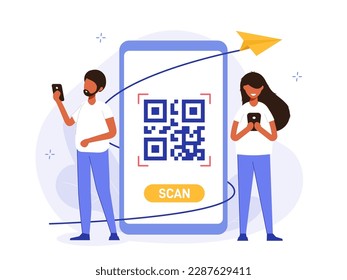 QR code scaner illustration concept. Guy and a girl standing by a big phone, scanning a qr code to follow a link or pay. Modern technology creative flat vector.