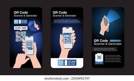 QR Code Scanner and Generator Concept. Social media stories banner advertising for mobile phones held by hand, hand holding smartphone, and presenting QR Code to a machine. Vector.