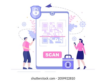 Escáner de código QR para pago en línea, pago electrónico y transferencia de dinero en Smartphone con aplicación en mano. Ilustración de vectores de fondo