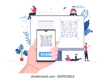 QR Code Scanner for Online Payment, Electronic Pay and Money Transfer on Smartphone with App in Hand. Background Vector Illustration