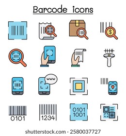 QR Code , Scanner, Package Code and Barcode Reader icon set in color line style