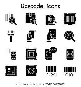 QR Code , Scanner, Package Code and Barcode Reader icon set in glyph style