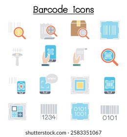 QR Code , Scanner, Package Code and Barcode Reader icon set  in flat color style